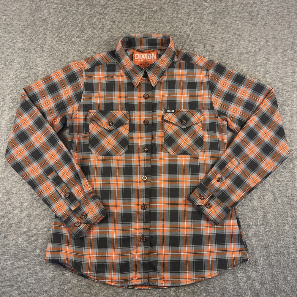 Dixxon Flannel Shirt Womens Medium Orange Black Plaid Heartbeat Hot Sauce Snap